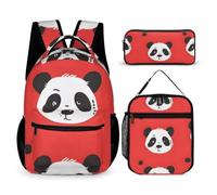 Hiseng Panda Pattern School Backpack Set with Lunch Bag Pencil Case (Red)