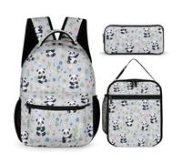 Hiseng Panda Print School Backpack Set with Lunch Bag Pencil Case (Gray)