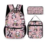 Hiseng Panda Print School Backpack Set with Lunch Bag Pencil Case (Pink)