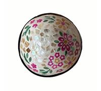 Hiseng Pink Flower Floral Hand Painted Natural Coconut Bowl, 13.5cm in diameter, 6cm in depth, 500ml capacity, Rustic, Country Style Decorative Bowl for Living Room, Hallways, Office, Entryway Table