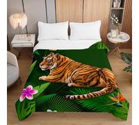 Hiseng Quilt Double Single King Size Bed Comforter with Tiger Pattern, Cosy Lightweight Coverless Duvet Quilt for All Seasons, Machine Washable (Green Leaves Tiger,180x220cm)