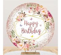 Hiseng Round Backdrop Cover, 1-Sided Backdrop Stand Cover Elastic Bands Polyester Fabric Photography Background Cover for Wedding Birthday Banquet Decoration (3ft,Birthday flower 2)