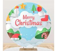 Hiseng Round Backdrop Cover, 1-Sided Backdrop Stand Cover Elastic Bands Polyester Fabric Photography Background Cover for Wedding Birthday Banquet Decoration (Round 120cm,Merry Christmas 7)