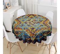 Hiseng Round Waterproof Tablecloth, Wipeable Stain Resistant Tablecloth, African Traditional Printed Polyester Decorative Table Cover for Home Kitchen Indoor Outdoor Table (Mosaic,90cm)