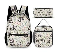 Hiseng School Backpack Set with Lunch Bag Pencil Case Panda (Beige)