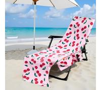 Hiseng Sun Lounger Towels with Pockets, Large Beach Towels Soft Absorbent Microfiber Outdoor Sunbed Lounge Chair Cover for Garden, Hotel, Swimming Pool, Summer Holiday (Cherry,75x210cm)