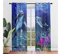 Hiseng Voile Curtains for Bedroom 2 Panels, 3D Ocean Dolphin Elegant Curtains Eyelets Curtains Translucent Window Screen Door Drapes for Living Room Balcony Home (80x115cm,Jellyfish dolphin)