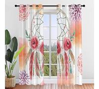 Hiseng Voile Curtains for Bedroom 2 Panels, Sheer Curtains Eyelets Net Translucent Window Screen Dream Catcher Printed Tulle Door Drapes for Living Room Balcony Home Decorative (140x275cm,safflower)