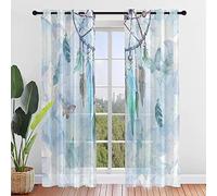 Hiseng Voile Curtains for Bedroom 2 Panels, Sheer Curtains Eyelets Net Translucent Window Screen Tulle Door Drapes Dreamcatcher for Living Room Balcony Home Decorative (140x275cm,Peacock Feather)