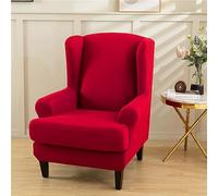 Hiseng Wingback Chair Cover 2-Piece, Stretch Solid Colour Wing Chair Slipcovers 2 IN 1 Wingback Armchair Covers Strandmon Sofa Cover Furniture Protector for Living Room Bedroom Hotel (Red)