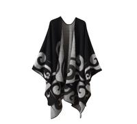 Hiseng Womens Poncho Cape Reversible Printed Shawl Wraps, Oversized Open Front Cardigans Blanket Soft Warm Ladies Elegant Cape Coat with Fringe for Fall Winter (Black,L)