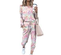 Hiser Casual Women Nightwear Homewear Outfits Round Neck Long Sleeve pjs Tops + Pants, Lady Sleepwear 2 Pieces, Women's Clothing Pajamas Set (Pink,XXXL)