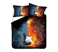 Hiser Duvet Cover Set 3 Pieces - 3D Music Guitar Note Printed Bedding Sets for Boy Girl Bedroom Single Double King Bed, Microfiber Quilt Case with Pillowcases (Water fire,135x200cm)