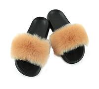 Hiser Women Fluffy Faux Fur Slipper Sliders, Ladies Furry Open Toe House Slippers, Cozy Comfy Non Slip Sliders for Walking Indoor Outdoor (Khaki,UK5-6/260)