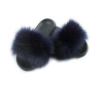 Hiser Women Fluffy Faux Fur Slipper Sliders, Ladies Furry Open Toe House Slippers Cozy Comfy Non Slip Sliders for Walking Indoor Outdoor (Navy blue,UK9.5-10.5/290)