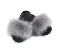 Hiser Women Fluffy Faux Fur Slipper Sliders, Ladies Furry Open Toe House Slippers Cozy Comfy Non Slip Sliders for Walking Indoor Outdoor (Gray,UK7.5-8/280)