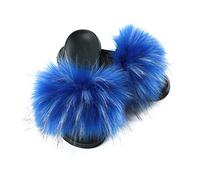 Hiser Women Fluffy Faux Fur Slipper Sliders, Ladies Furry Open Toe House Slippers, Cozy Comfy Non Slip Sliders for Walking Indoor Outdoor (blue,UK5-6/260)
