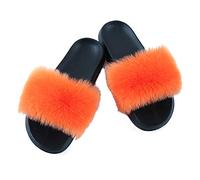 Hiser Women Fluffy Faux Fur Slipper Sliders, Ladies Furry Open Toe House Slippers, Cozy Comfy Non Slip Sliders for Walking Indoor Outdoor (Orange,UK5-6/260)