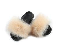 Hiser Women Fluffy Faux Fur Slipper Sliders, Ladies Furry Open Toe House Slippers Cozy Comfy Non Slip Sliders for Walking Indoor Outdoor (Nude,UK6.5-7/270)