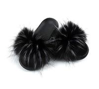 Hiser Women Fluffy Faux Fur Slipper Sliders, Ladies Furry Open Toe House Slippers, Cozy Comfy Non Slip Sliders for Walking Indoor Outdoor (black,UK3.5-4/250)
