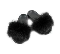 Hiser Women Fluffy Faux Fur Slipper Sliders, Ladies Furry Open Toe House Slippers Cozy Comfy Non Slip Sliders for Walking Indoor Outdoor (Black,UK6.5-7/270)