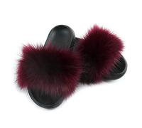 Hiser Women Fluffy Faux Fur Slipper Sliders, Ladies Furry Open Toe House Slippers Cozy Comfy Non Slip Sliders for Walking Indoor Outdoor (Red wine,UK5-6/260)