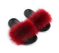Hiser Women Fluffy Faux Fur Slipper Sliders, Ladies Furry Open Toe House Slippers Cozy Comfy Non Slip Sliders for Walking Indoor Outdoor (Vintage red,UK9.5-10.5/290)
