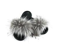 Hiser Women Fluffy Faux Fur Slipper Sliders, Ladies Furry Open Toe House Slippers, Cozy Comfy Non Slip Sliders for Walking Indoor Outdoor (gray,UK7.5-8/280)