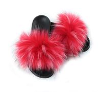 Hiser Women Slipper Sliders, Ladies Casual Faux Fur Fluffy Sandals, Cozy Comfy Non Slip Flat Slipper for Walking Holiday Party Indoor Outdoor (red,UK3.5-4/250)