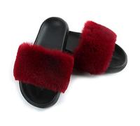 Hiser Women Slipper Sliders, Ladies Casual Faux Fur Fluffy Sandals, Cozy Comfy Non Slip Flat Slipper for Walking Holiday Party Indoor Outdoor (UK6.5-7/270,Burgundy)