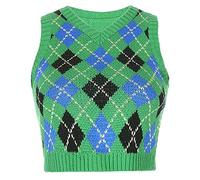 Hiser Women's Argyle Plaid Knitted Vest V Neck Crop Top Sleeveless Sweater, Ladies Preppy Style y2k Retro Streetwear Pullover Spring & Autumn Tank Crop Jumpers (Green Blue 2,L)