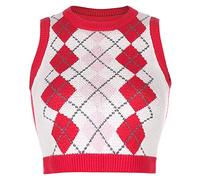 Hiser Women's Argyle Plaid Knitted Vest V Neck Crop Top Sleeveless Sweater, Ladies Preppy Style y2k Retro Streetwear Pullover Spring & Autumn Tank Crop Jumpers (Red White,S)