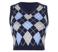 Hiser Women's Argyle Plaid Knitted Vest V Neck Crop Top Sleeveless Sweater, Ladies Preppy Style y2k Retro Streetwear Pullover Spring & Autumn Tank Crop Jumpers (Grey Blue,L)
