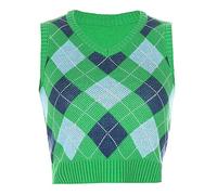 Hiser Women's Argyle Plaid Knitted Vest V Neck Crop Top Sleeveless Sweater, Ladies Preppy Style y2k Retro Streetwear Pullover Spring & Autumn Tank Crop Jumpers (Green Blue 1,L)