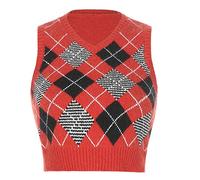 Hiser Women's Argyle Plaid Knitted Vest V Neck Crop Top Sleeveless Sweater, Ladies Preppy Style y2k Retro Streetwear Pullover Spring & Autumn Tank Crop Jumpers (Red,L)