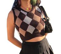 Hiser Women's Argyle Plaid Knitted Vest V Neck Crop Top Sleeveless Sweater, Ladies Preppy Style y2k Retro Streetwear Pullover Spring & Autumn Tank Crop Jumpers (Brown,L)
