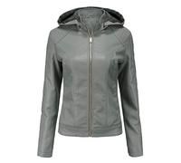 Hiser Womens Leather Jacket with Hood and Zip Pockets, Lambskin Slim fit Zip Up Moto Jacket Bomber Jacket (S,Gray)