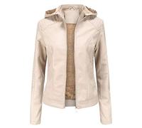 Hiser Womens Leather Jacket with Hood and Zip Pockets, Lambskin Slim fit Zip Up Moto Jacket Bomber Jacket (M,Beige)