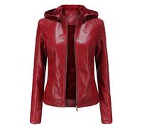 Hiser Womens Leather Jacket with Hood and Zip Pockets, Lambskin Slim fit Zip Up Moto Jacket Bomber Jacket (S,Red)