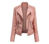Hiser Womens Leather Jacket with Zip Pockets, Lambskin Slim fit Zip Up Moto Jacket Bomber Jacket (Pink,XL)