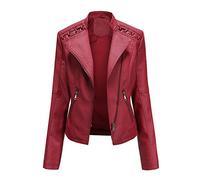 Hiser Womens Leather Jacket with Zip Pockets, Lambskin Slim fit Zip Up Moto Jacket Bomber Jacket (Red,XL)