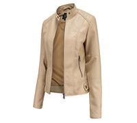 Hiser Womens Leather Jacket with Zip Pockets, PU Leather Slim fit Zip Up Moto Jacket Bomber Jacket (Apricot,L)