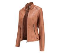 Hiser Womens Leather Jacket with Zip Pockets, PU Leather Slim fit Zip Up Moto Jacket Bomber Jacket (Khaki,L)