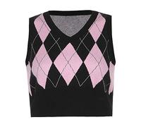 Hiser Women's V Neck Knitted Vest Crop Top Sleeveless Argyle Plaid Sweater, Ladies Preppy Style y2k Retro Streetwear Pullover Spring & Autumn Tank Crop Jumpers (L,Pink)