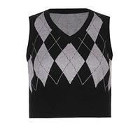 Hiser Women's V Neck Knitted Vest Crop Top Sleeveless Argyle Plaid Sweater, Ladies Preppy Style y2k Retro Streetwear Pullover Spring & Autumn Tank Crop Jumpers (M,Black)