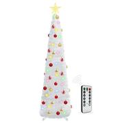 HISFFOG 5 Ft Prelit Tinsel Pop Up Christmas Tree with 50 Remote Color Lights 30 Ball Ornaments Star Battery Operated Pencil Artificial Slim Tree Xmas Decoration Home Party Indoor Outdoor (White)