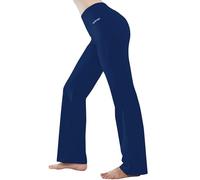 HISKYWIN Inner Pocket Yoga Pants 4 Way Stretch Tummy Control Workout Running Pants, Long Bootleg Flare Pants H09-Indigo blue-L