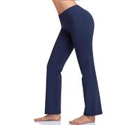 HISKYWIN Inner Pocket Yoga Pants 4 Way Stretch Tummy Control Workout Running Pants, Long Bootleg Flare Pants H09-Navy Blue-M