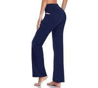 HISKYWIN Inner Pocket Yoga Pants 4 Way Stretch Tummy Control Workout Running Pants, Long Bootleg Flare Pants HF201-Navy Blue-XL