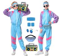 Hislovy 80s Tracksuit for Kids, 90s Outfits Boys Girls 6PCS Hip Hop Dance Costume, Colorblock Jacket for Retro Theme Party (Light blue, 150)